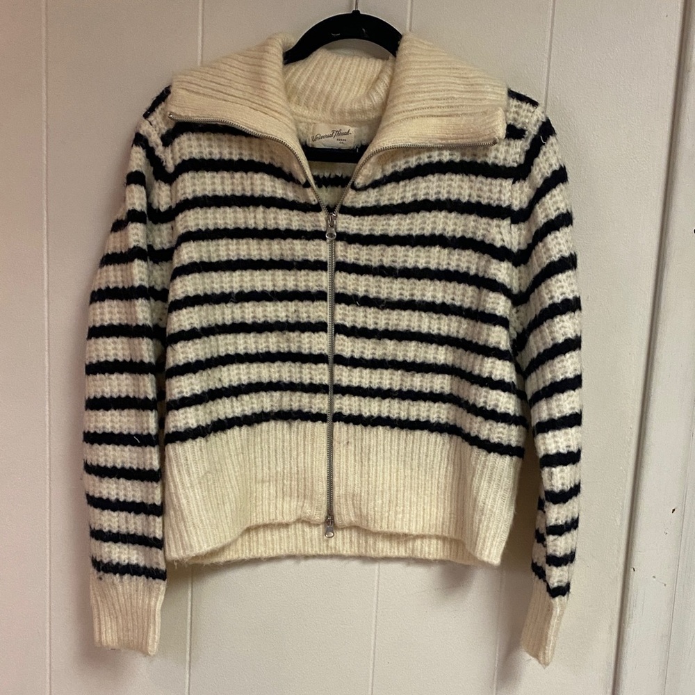 Universal Thread Black and Cream Mohair-style Striped Zip Up Sweater